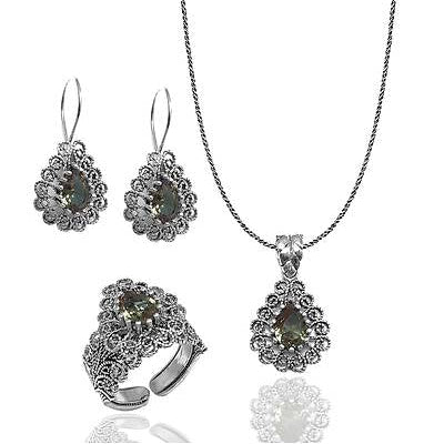 Telkari 3er Set mit Sultanit – Halskette, Ohrhänger und verstellbarer Ring aus 925 Sterling
