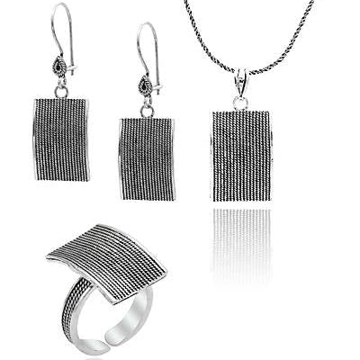 Telkari 3er Set Serpentina aus 925 Silber – Halskette, Ohrringe und verstellbarer Ring im Orient-Design