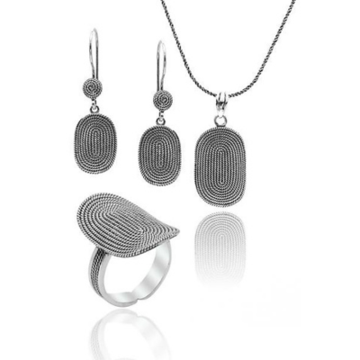 925 Silber Telkari 3er Set mit Halskette, Ohrhängern und verstellbarem Ring im ovalen Spiral-Design, Orient-Stil