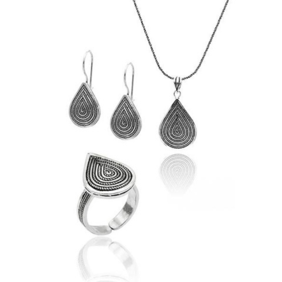 Telkari Tropfen-Schmuckset aus 925 Sterling Silber mit Halskette, Ohrringen und verstellbarem Ring