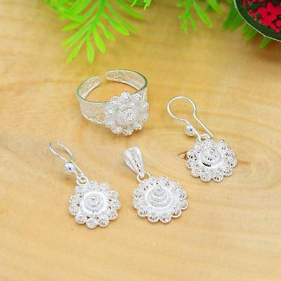 Telkari Bereket 3er Set aus 925 Silber mit Kette, Ohrhänger und verstellbarem Ring im orientalischen Rosettendesign