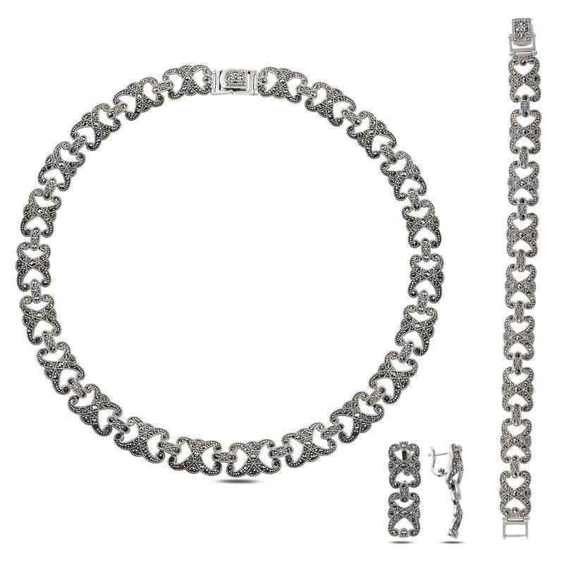 Markasit Schmuckset aus 925 Silber – Kette, Armband und Ohrhänger im orientalischen Design