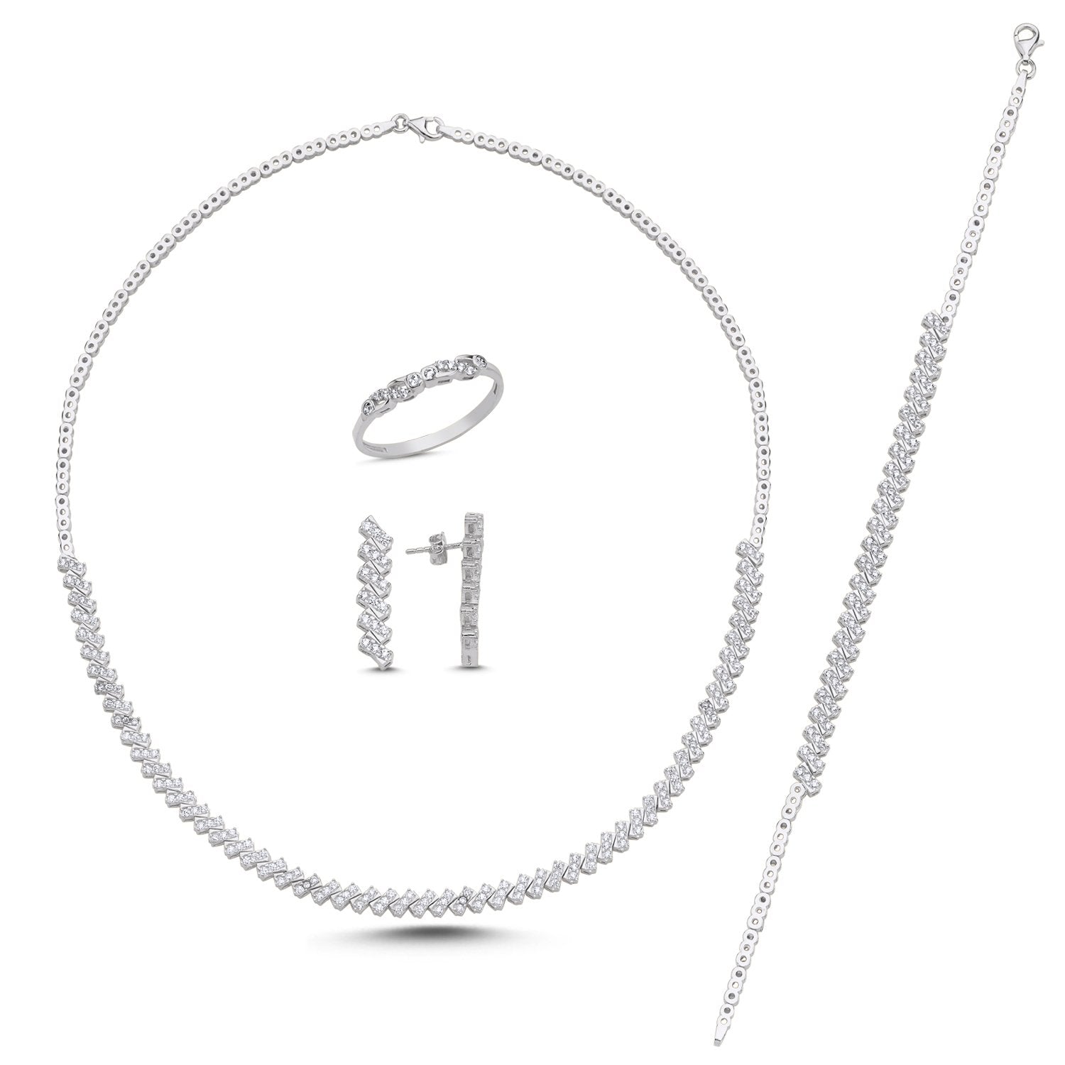 Silbernes 4-teiliges Schmuckset mit CZ – Kette, Armband, Ohrstecker und Ring im orientalischen Design