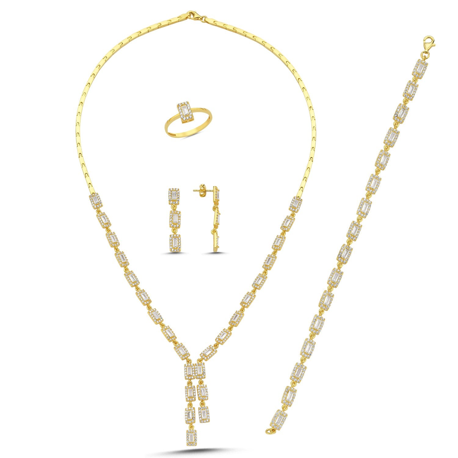 Vergoldetes 4er Set aus Kette, Armband, Ohrsteckern und Ring mit rechteckigen CZ-Gliedern im Orient-Design