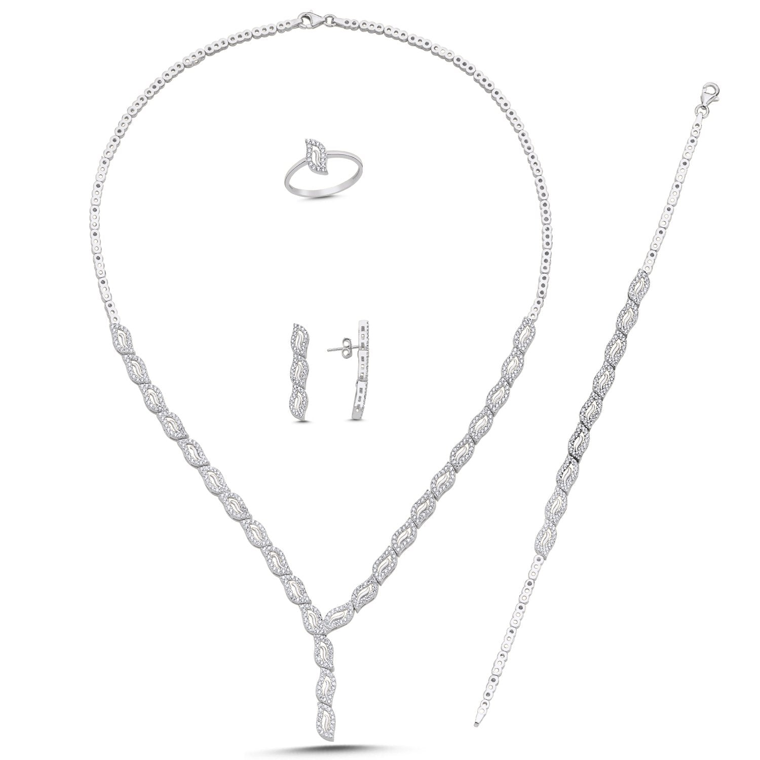 Silbernes 4er Set: Y-Halskette, Armband, Ohrstecker und Ring mit geflochtenen CZ-Gliedern im Orient-Design