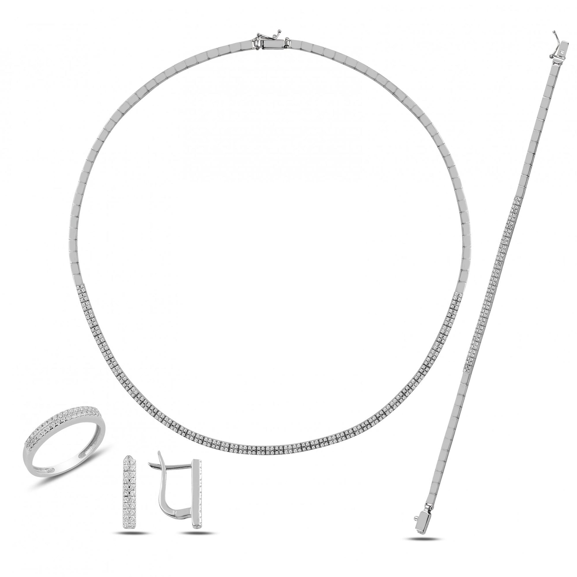 Silbernes 4er Schmuckset: Kette, Armband, Stab-Ohrringe und Pavé-Ring mit Zirkonia im orientalisch-modernen Design