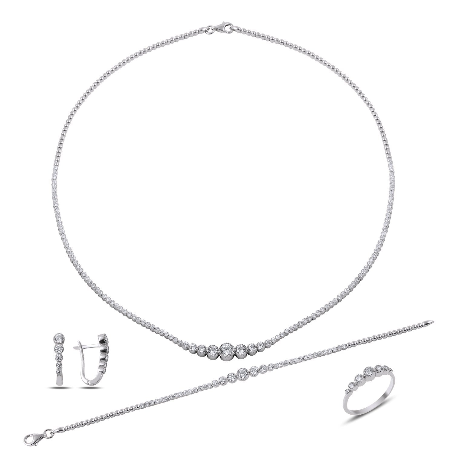 Silbernes 4er Zirkonia-Set: Kette, Armband, runde Ohrstecker und Ring mit Verlaufskugeln
