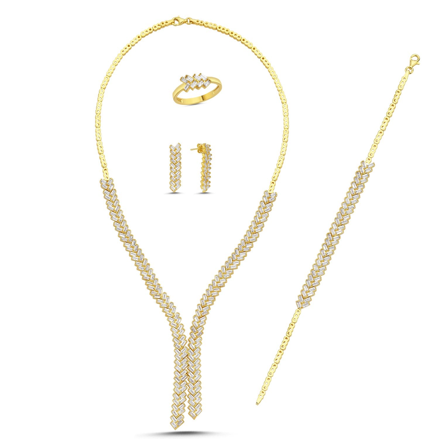 4er Schmuckset mit V-förmigem Muster – Halskette, Armband, Ohrstecker und Ring mit Zirkonia, in Silber und Gold