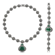 Markasit-Schmuckset aus 925 Silber mit grünem Achat: Halskette und Armband im Orient-Stil