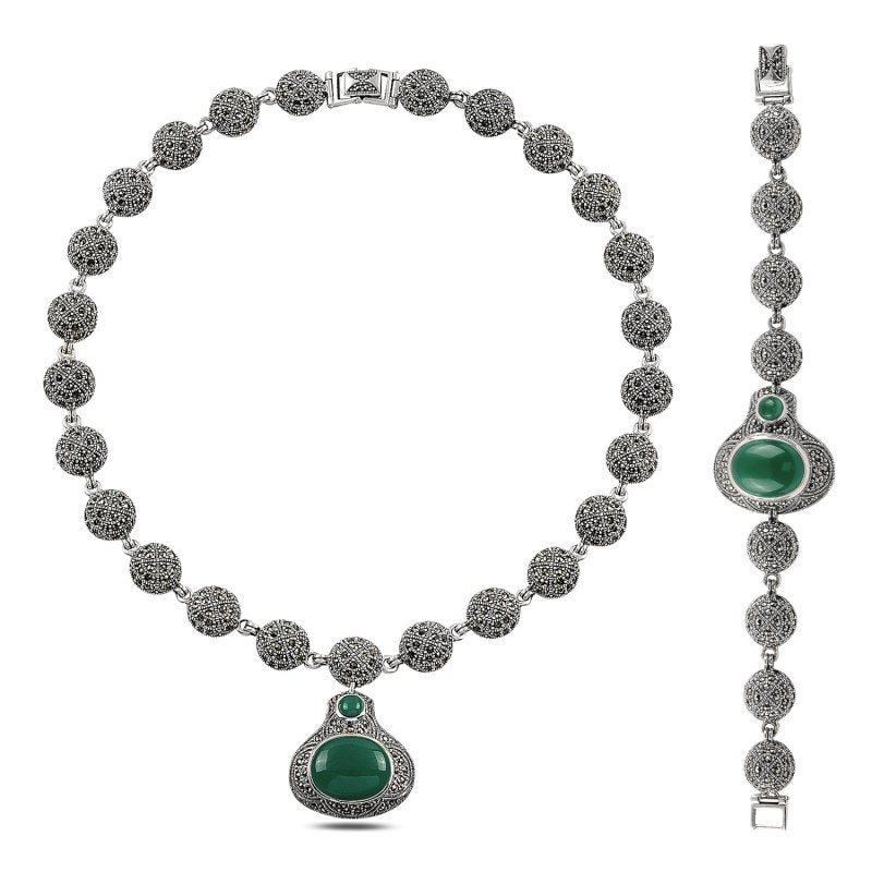 Markasit-Schmuckset aus 925 Silber mit grünem Achat: Halskette und Armband im Orient-Stil