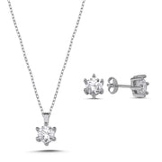 Solitär Kettenanhänger mit 6-Krappen und passende Ohrstecker, 925 Silber, Zirkonia, 2er Set