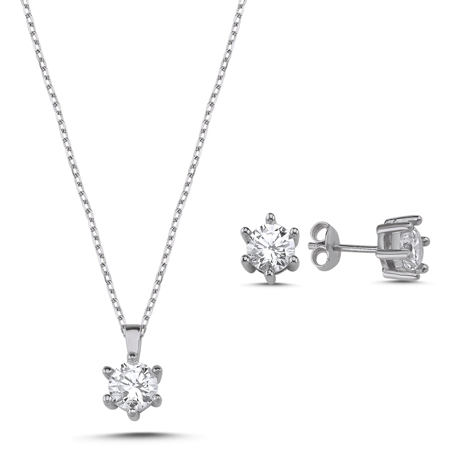 Solitär Kettenanhänger mit 6-Krappen und passende Ohrstecker, 925 Silber, Zirkonia, 2er Set