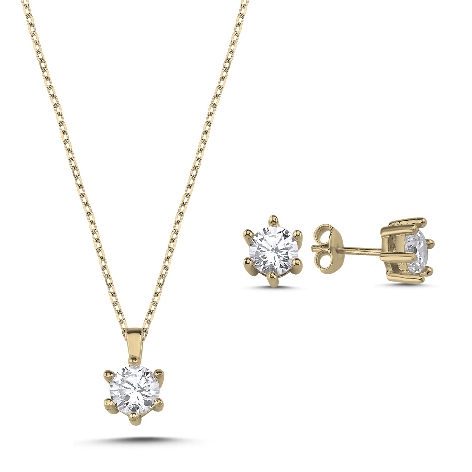 Solitär Kettenanhänger mit 6-Krappen und passende Ohrstecker, 925 Silber, Zirkonia, 2er Set