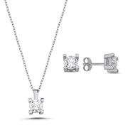Solitär Zirkonia 2er Set: Halskette mit Anhänger und Ohrstecker aus 925 Silber, wahlweise silberfarben oder vergoldet, klassische Krappenfassung.