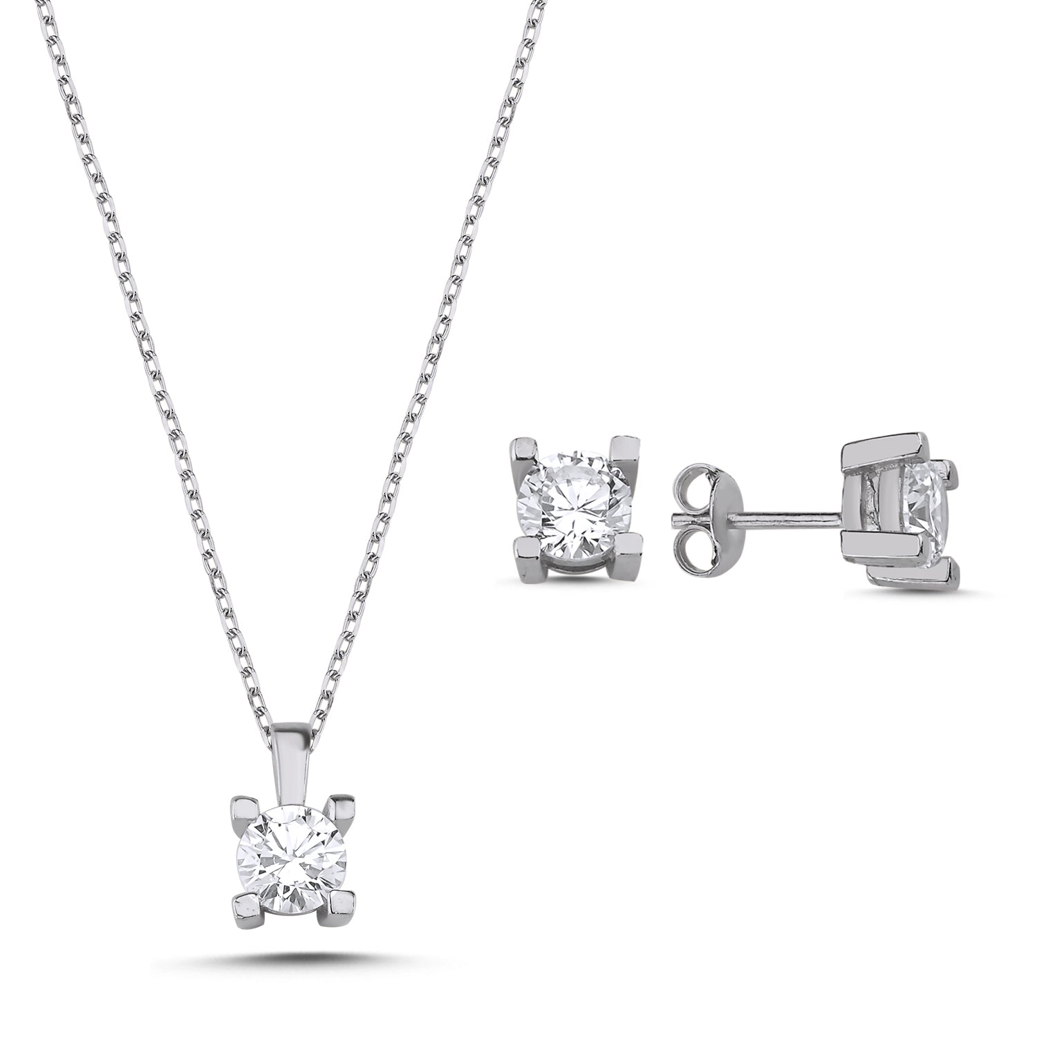 Solitär Zirkonia 2er Set: Halskette mit Anhänger und Ohrstecker aus 925 Silber, wahlweise silberfarben oder vergoldet, klassische Krappenfassung.
