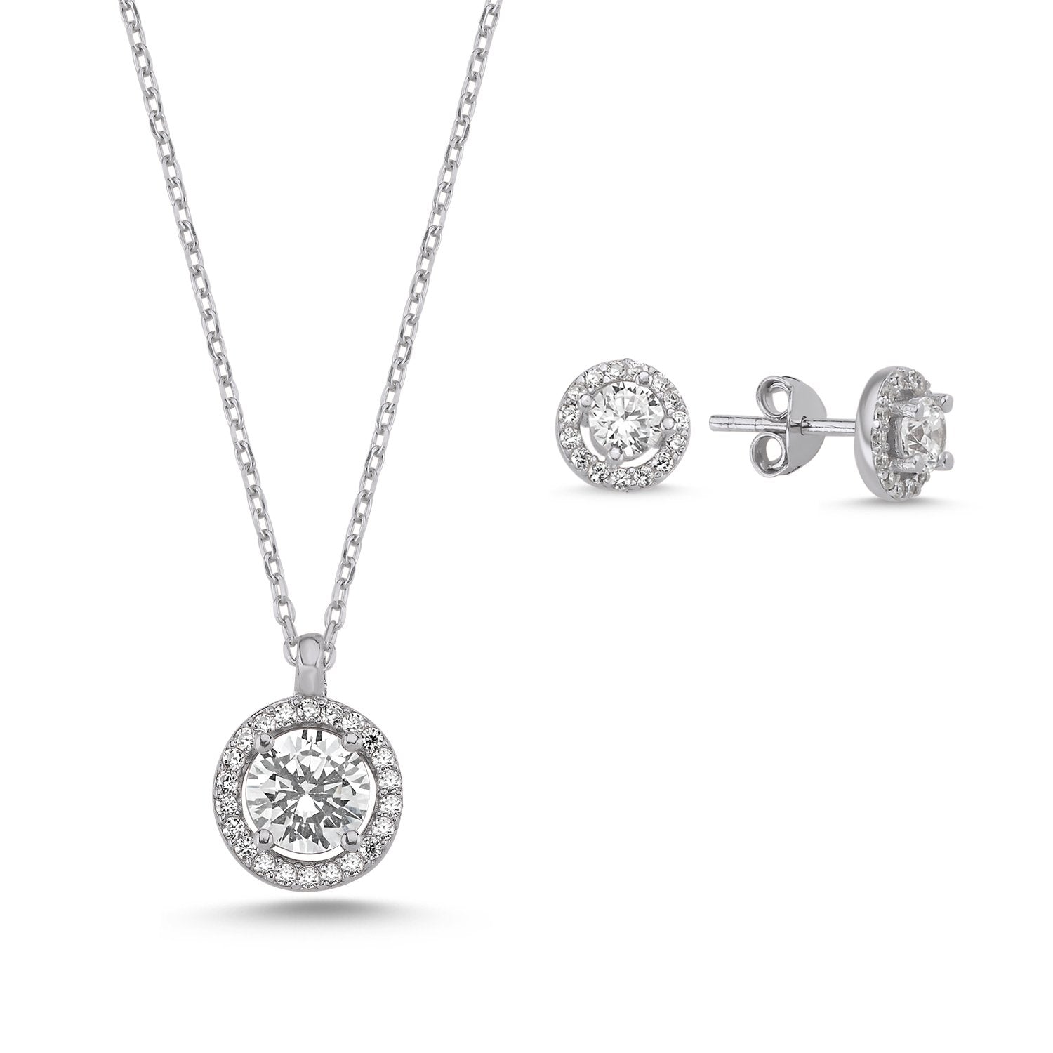 zweiteiliges Halo-Schmuckset aus 925 Silber mit Zirkonia – Halskette und runde Halo-Ohrstecker, wahlweise Silber, Gelbgold oder Roségold vergoldet.