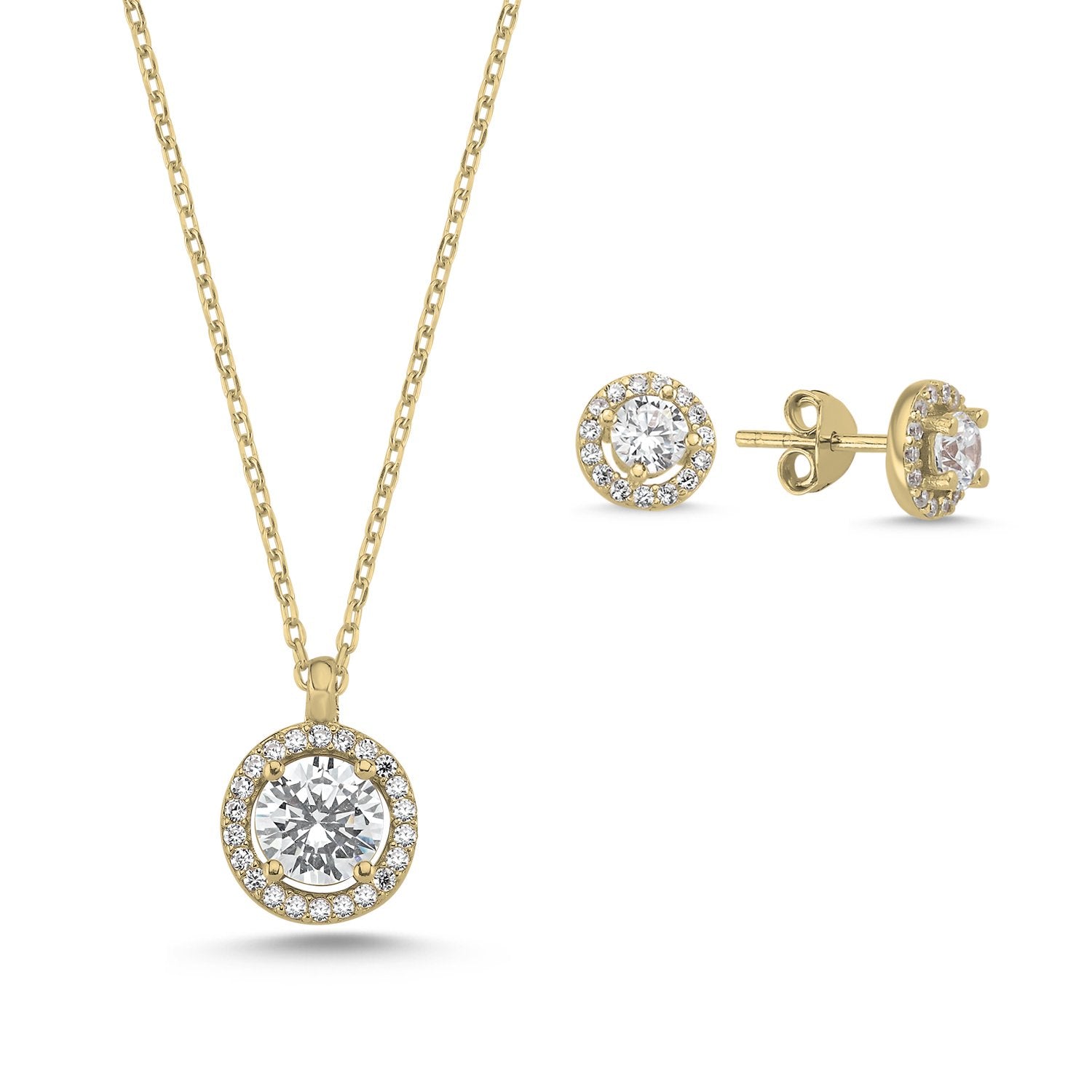 zweiteiliges Halo-Schmuckset aus 925 Silber mit Zirkonia – Halskette und runde Halo-Ohrstecker, wahlweise Silber, Gelbgold oder Roségold vergoldet.
