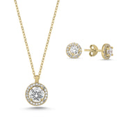 zweiteiliges Halo-Schmuckset aus 925 Silber mit Zirkonia – Halskette und runde Halo-Ohrstecker, wahlweise Silber, Gelbgold oder Roségold vergoldet.