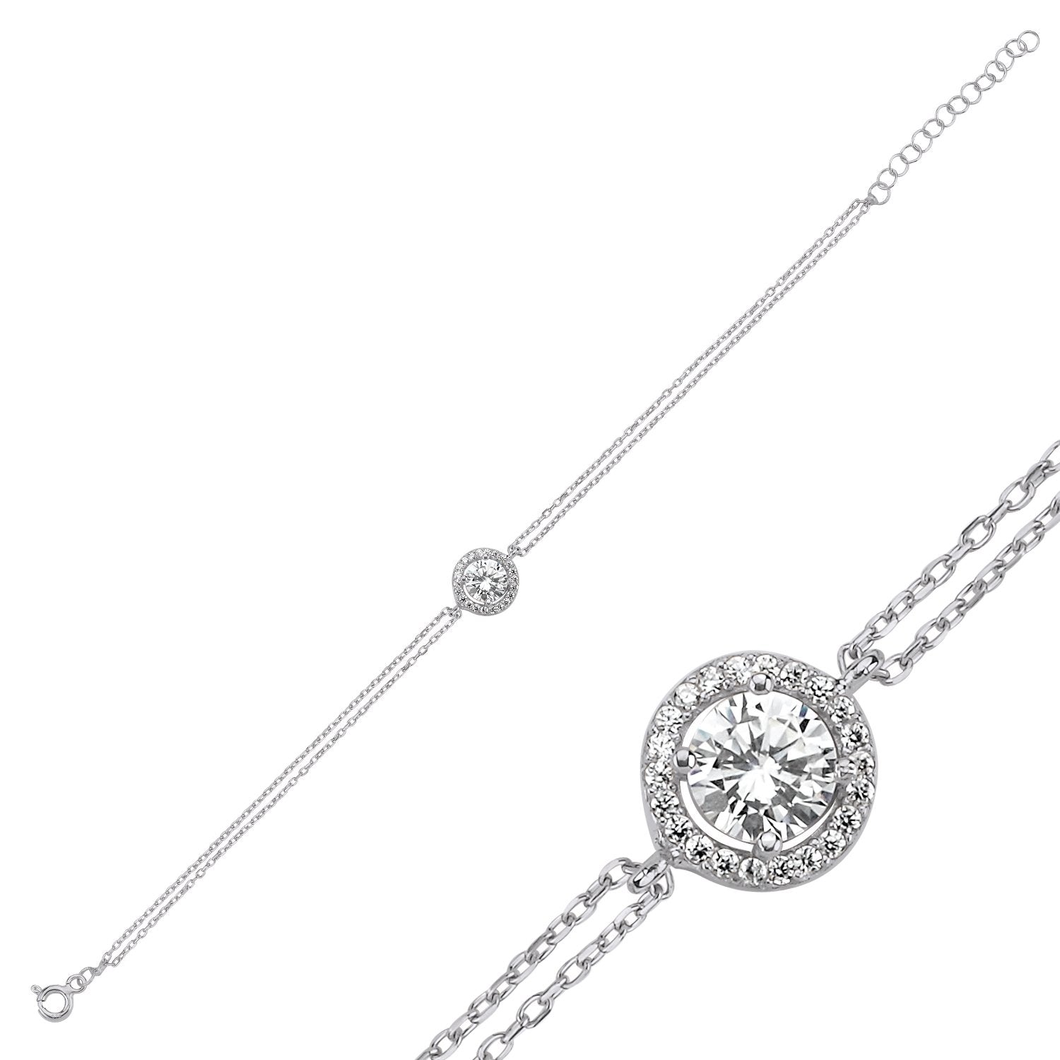 Halo Armband mit Zirkonia auf Doppel-Kette, 925 Silber – wahlweise Silber, Gelbgold oder Roségold