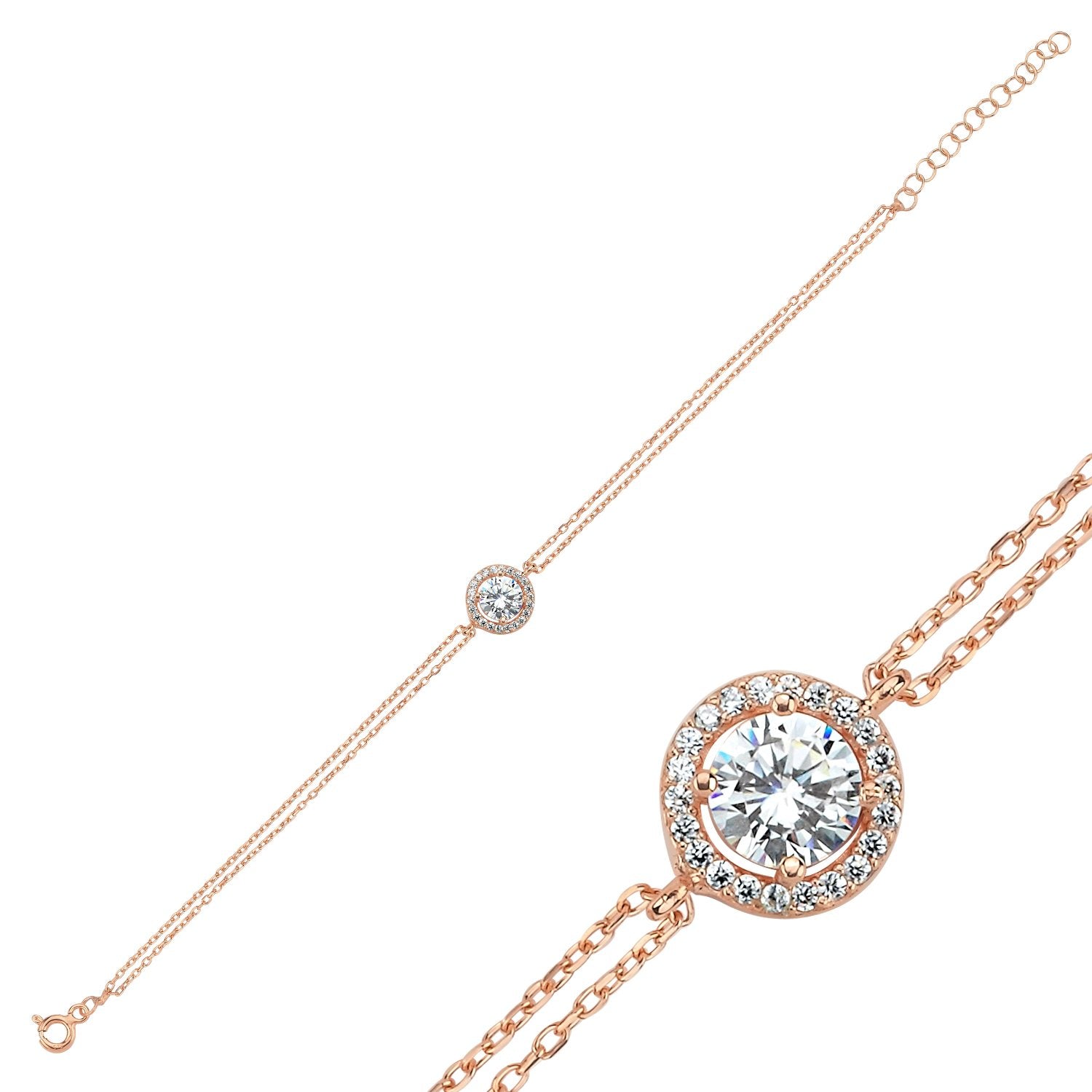 Halo Armband mit Zirkonia auf Doppel-Kette, 925 Silber – wahlweise Silber, Gelbgold oder Roségold