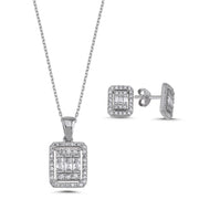 Baguette 2er Set aus 925 Silber mit rechteckigem CZ-Anhänger und passenden Ohrsteckern, pavégefasst.