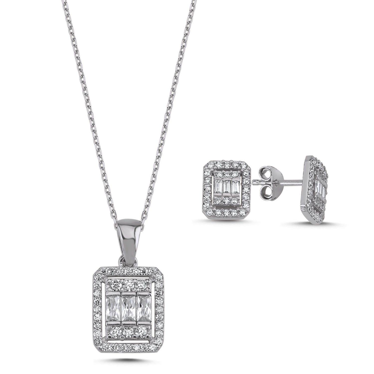 Baguette 2er Set aus 925 Silber mit rechteckigem CZ-Anhänger und passenden Ohrsteckern, pavégefasst.