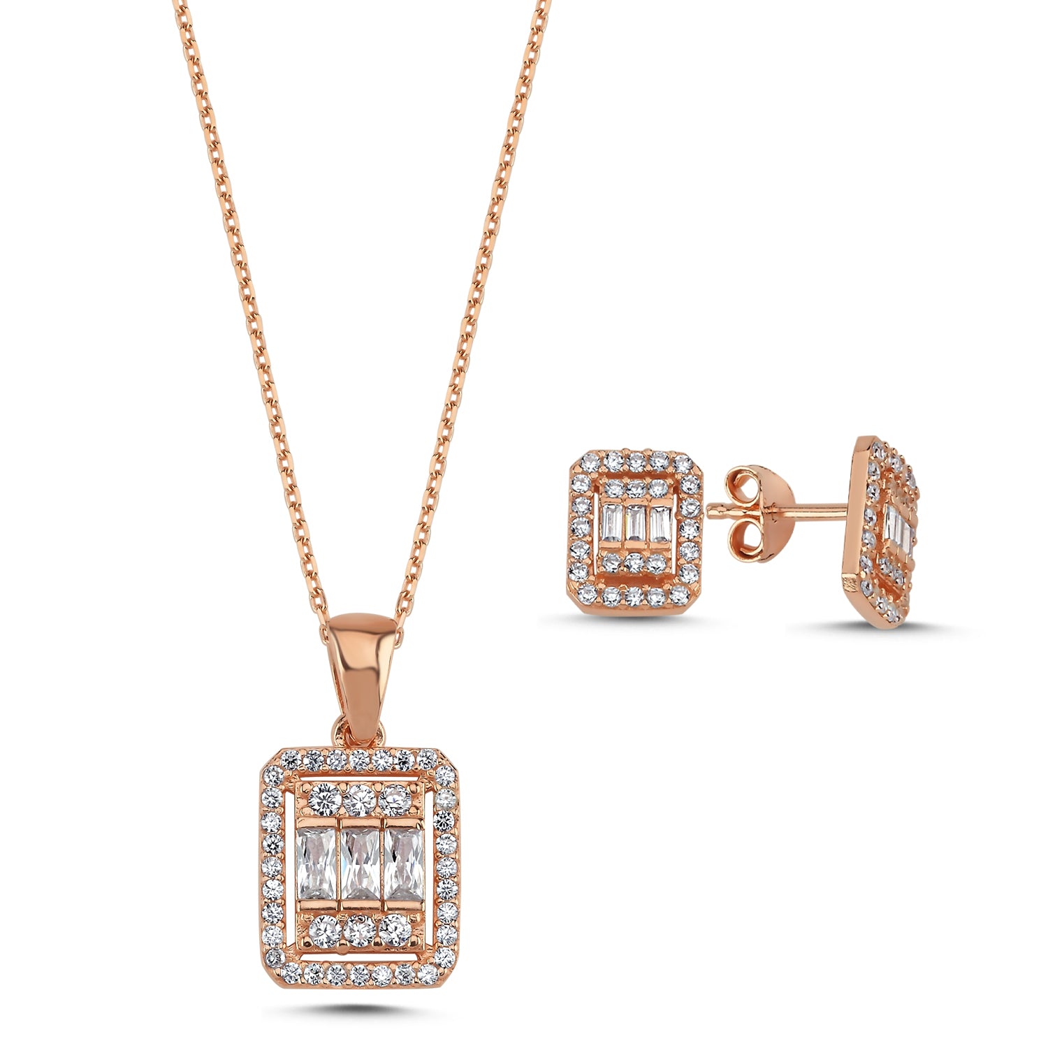 Baguette 2er Set aus 925 Silber mit rechteckigem CZ-Anhänger und passenden Ohrsteckern, pavégefasst.