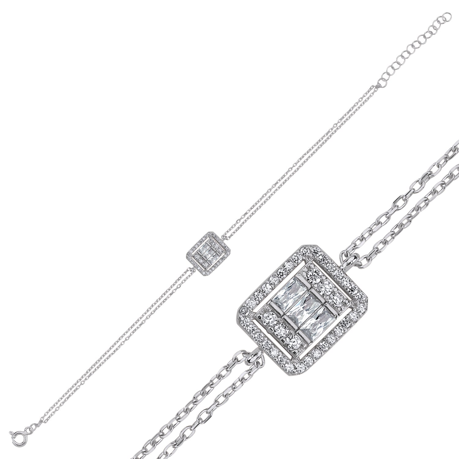 Baguette Armband aus 925 Sterling Silber, rechteckiges Mittelstück mit Zirkonia und Pavé-Rand, mit Verlängerungskette