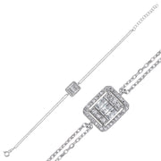 Baguette Armband aus 925 Sterling Silber, rechteckiges Mittelstück mit Zirkonia und Pavé-Rand, mit Verlängerungskette