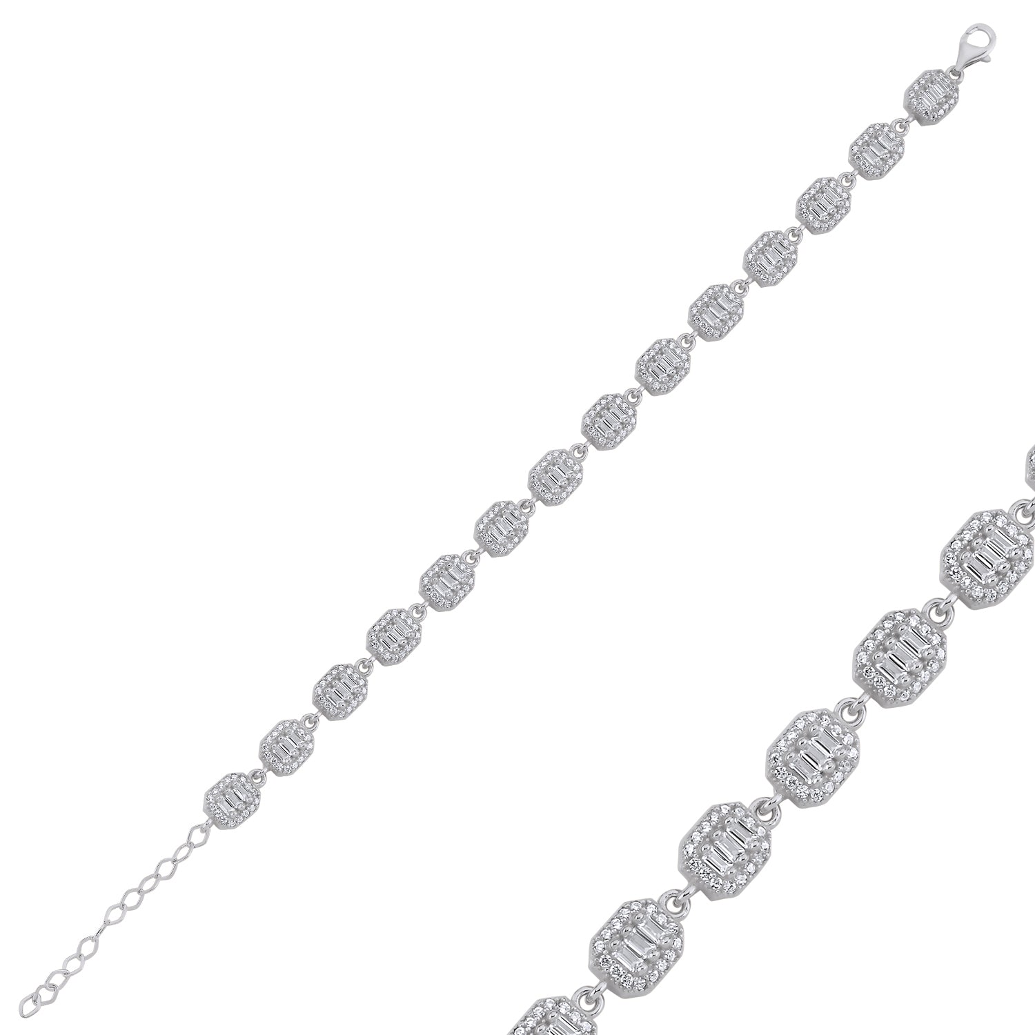 Feines Damenarmband mit achteckigen Gliedern und funkelnder Steinrahmung in 925 Silber (auch vergoldet/rosévergoldet)