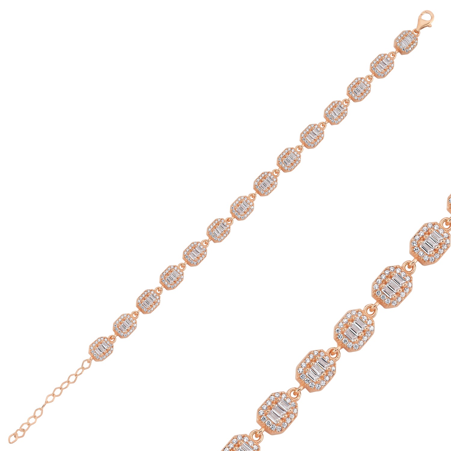 Feines Damenarmband mit achteckigen Gliedern und funkelnder Steinrahmung in 925 Silber (auch vergoldet/rosévergoldet)