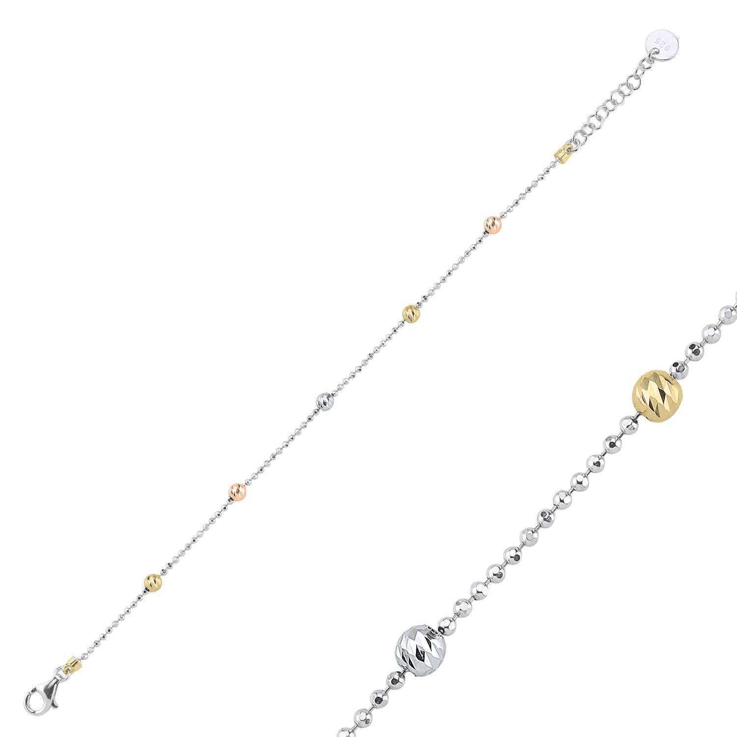 Feines Armband mit dreifarbigen, diamantierten Kugeln auf Ankerkette – Silber-Optik.