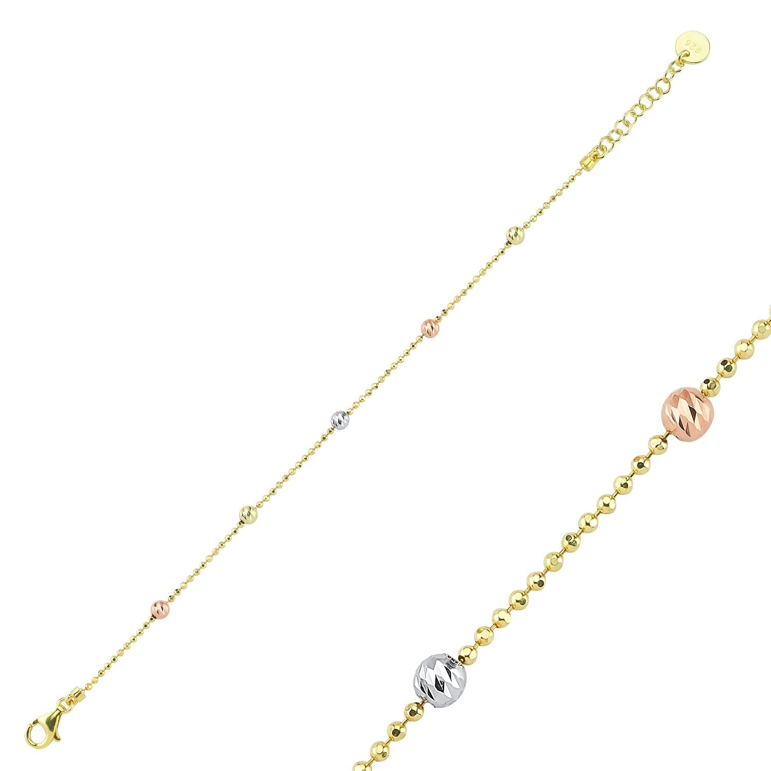 Feines Armband mit dreifarbigen, diamantierten Kugeln auf Ankerkette – Gold-Optik.