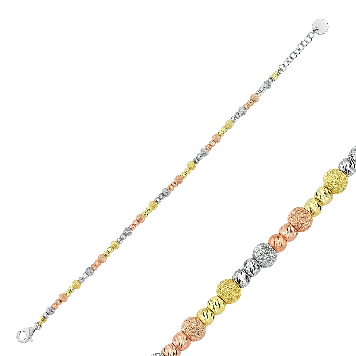 Feines dreifarbiges Armband mit diamantierten und sandmattierten Kugeln auf filigraner Kette.