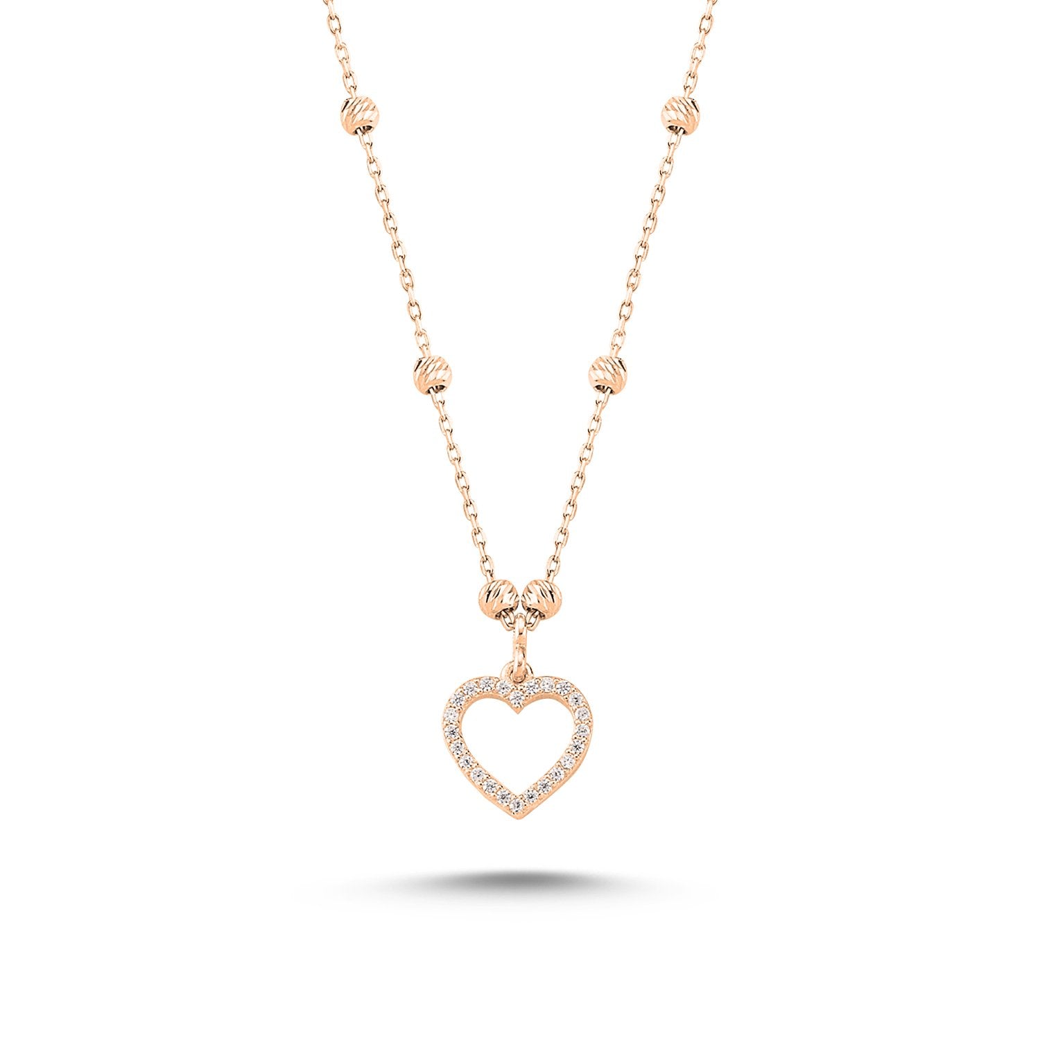 Feine Halskette mit offenem Zirkonia-Herz und dekorativen Kugeln – in Silber, Gelbgold oder Roségold