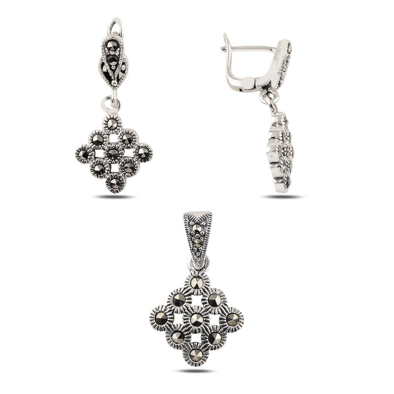 Orient 2er Set aus 925 Silber mit Markasit, bestehend aus Anhänger und Ohrringen im floralen Design.