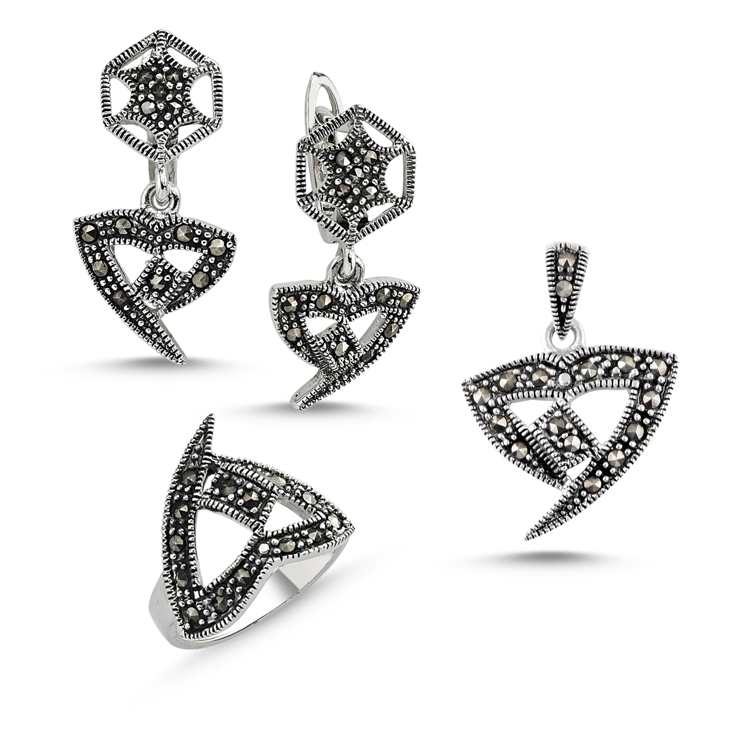 Orient 3er Set aus 925 Silber mit Markasit, bestehend aus Anhänger, Ohrringen und Ring im geometrischen Design.