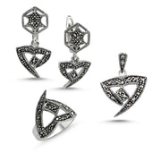 Orient 3er Set aus 925 Silber mit Markasit, bestehend aus Anhänger, Ohrringen und Ring im geometrischen Design.