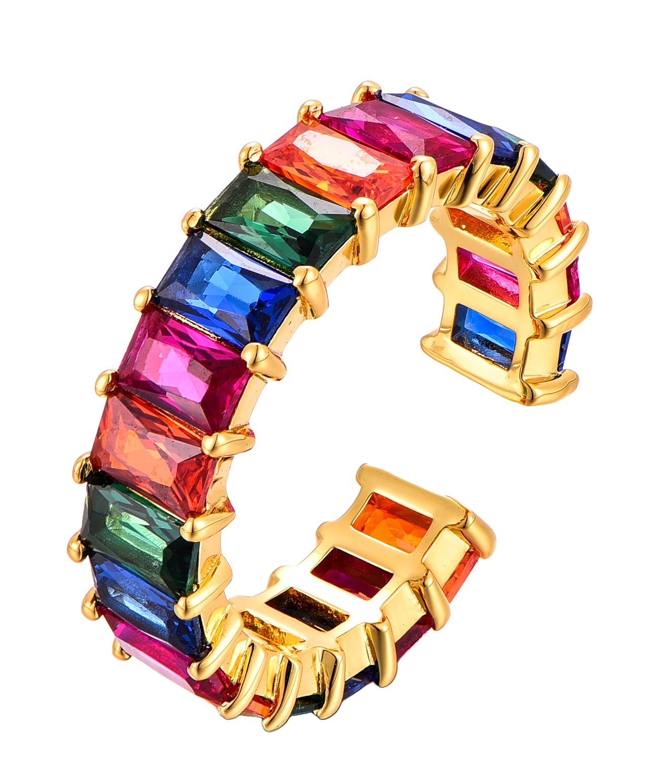 Vergoldeter, verstellbarer Ring aus 925 Silber mit rechteckigen, bunten Zirkonia-Steinen im Regenbogen-Look.