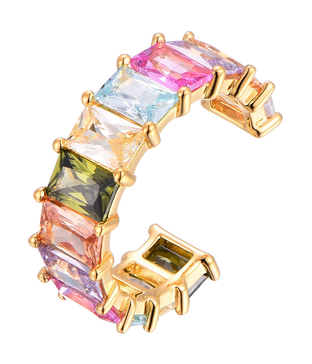Verstellbarer Ring mit bunten Zirkonia im Baguette-Schliff aus 925 Silber, wahlweise rhodiniert oder goldvergoldet.