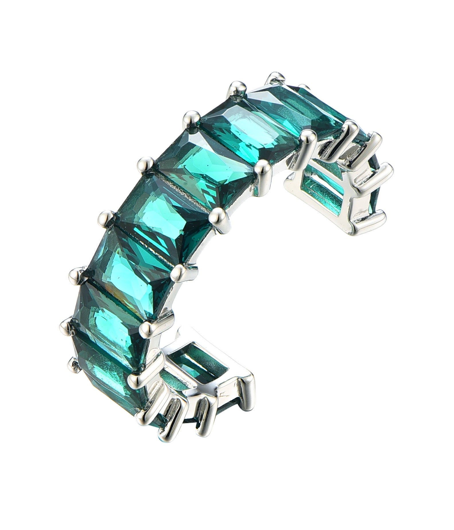 Verstellbarer Ring aus 925 Sterling Silber mit tiefgrünen Zirkonia im Baguette-Look; moderner, glanzvoller Eyecatcher.