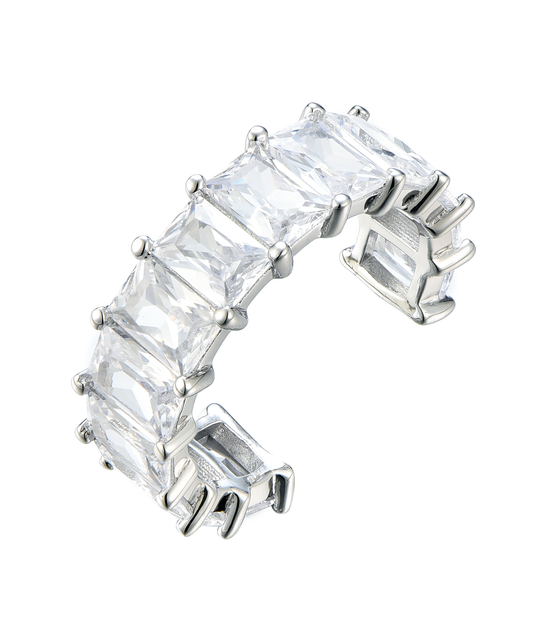 Verstellbarer Ring aus 925 Sterling Silber mit klaren Zirkonia im Baguette-Look; kühler Glanz, modernes, elegantes Design.