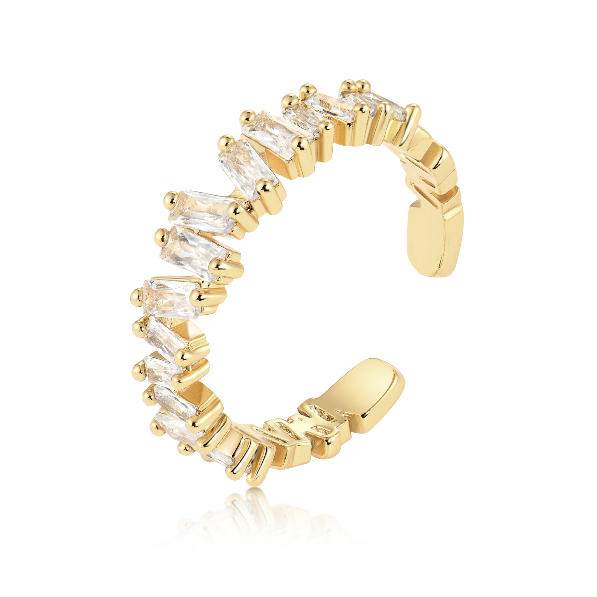 Verstellbarer Ring aus 925 Sterling Silber oder 18K vergoldet mit klaren Zirkonia im Baguette-Schliff; elegantes, modernes Design.