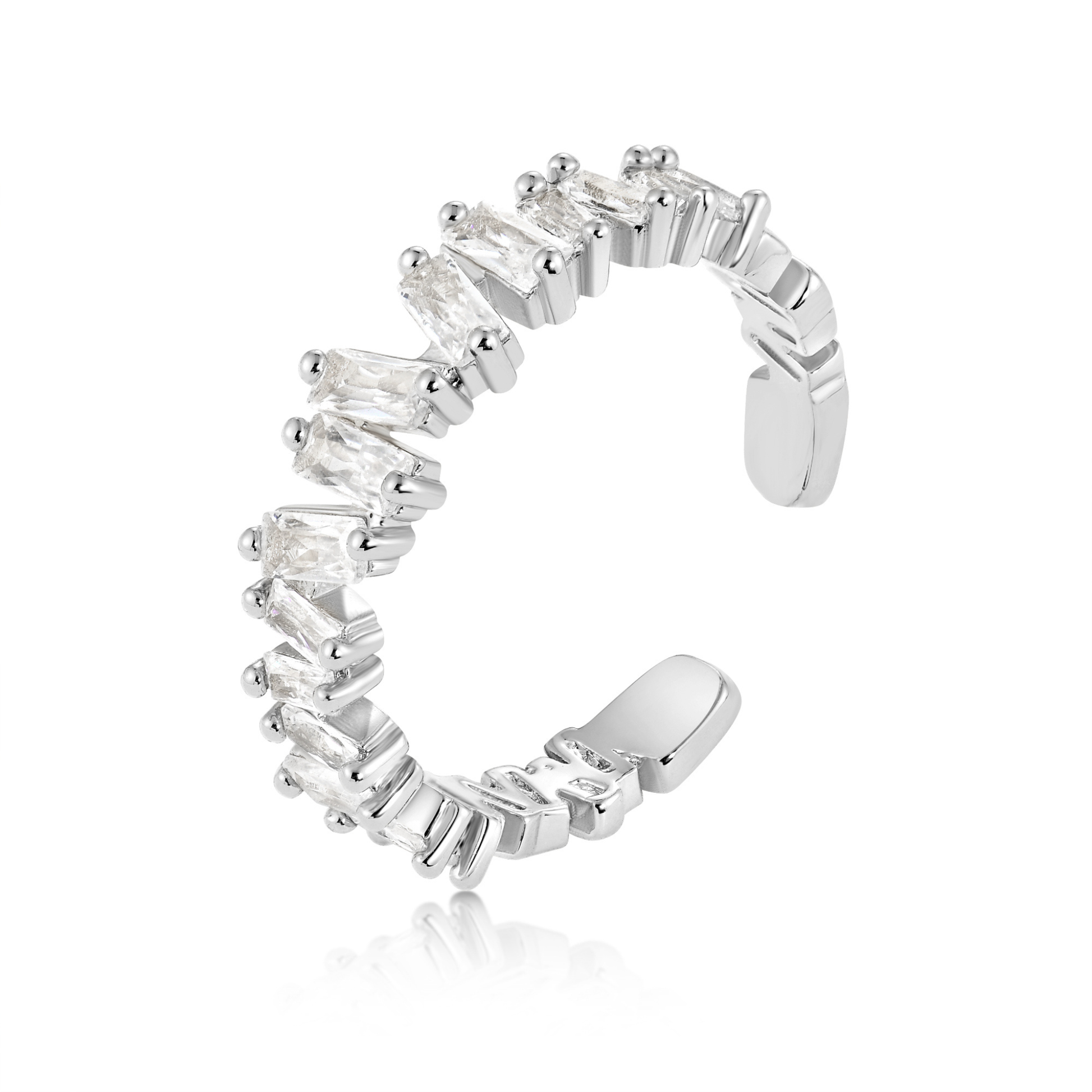 Verstellbarer Ring aus 925 Sterling Silber oder 18K vergoldet mit klaren Zirkonia im Baguette-Schliff; elegantes, modernes Design.