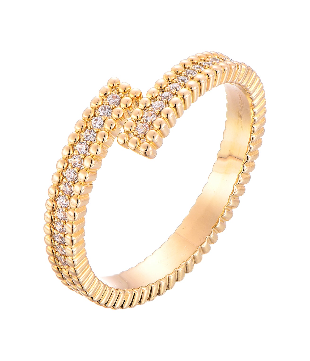 Offener Ring aus 925 Sterling Silber, 18K vergoldet, mit klaren Zirkonia in strukturierter Goldoptik; elegantes, modernes Design.