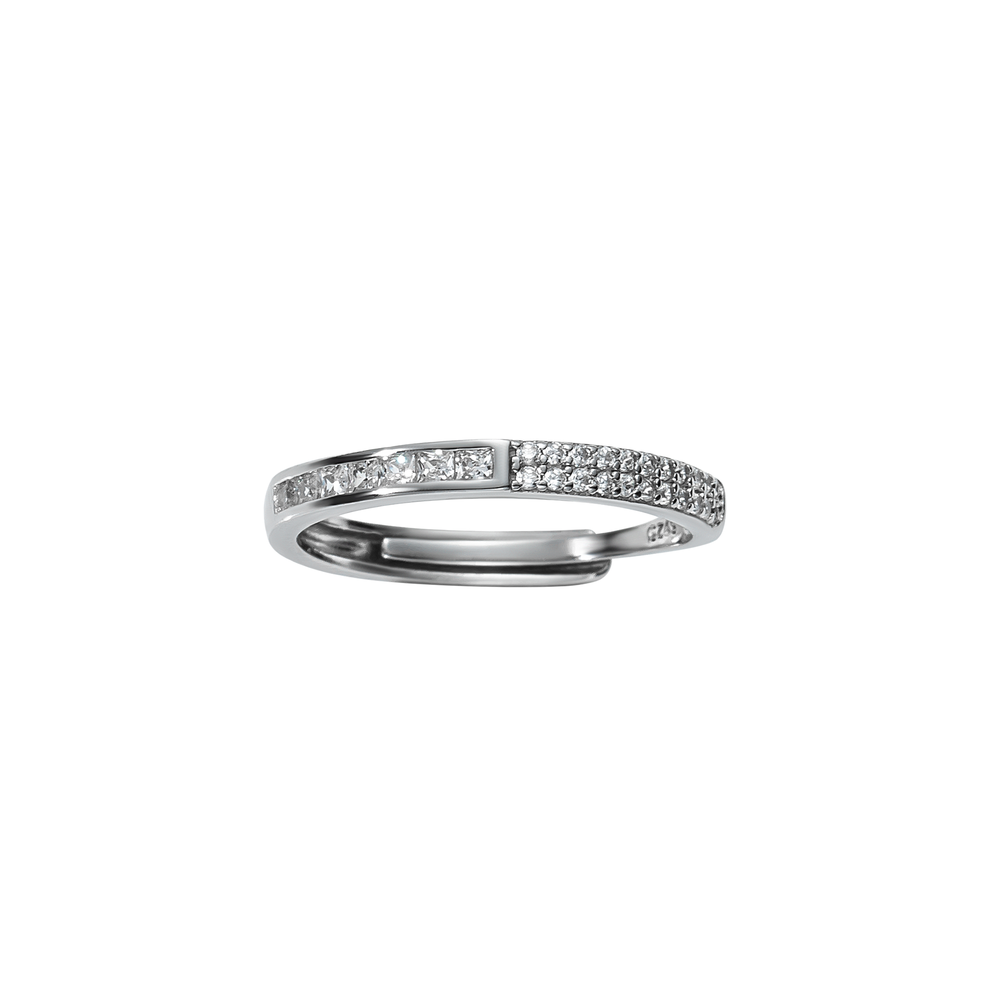 Schmaler verstellbarer Ring aus 925 Sterling Silber mit Zirkonia in Pavé- und Kanalfassung; minimalistischer, eleganter Look.