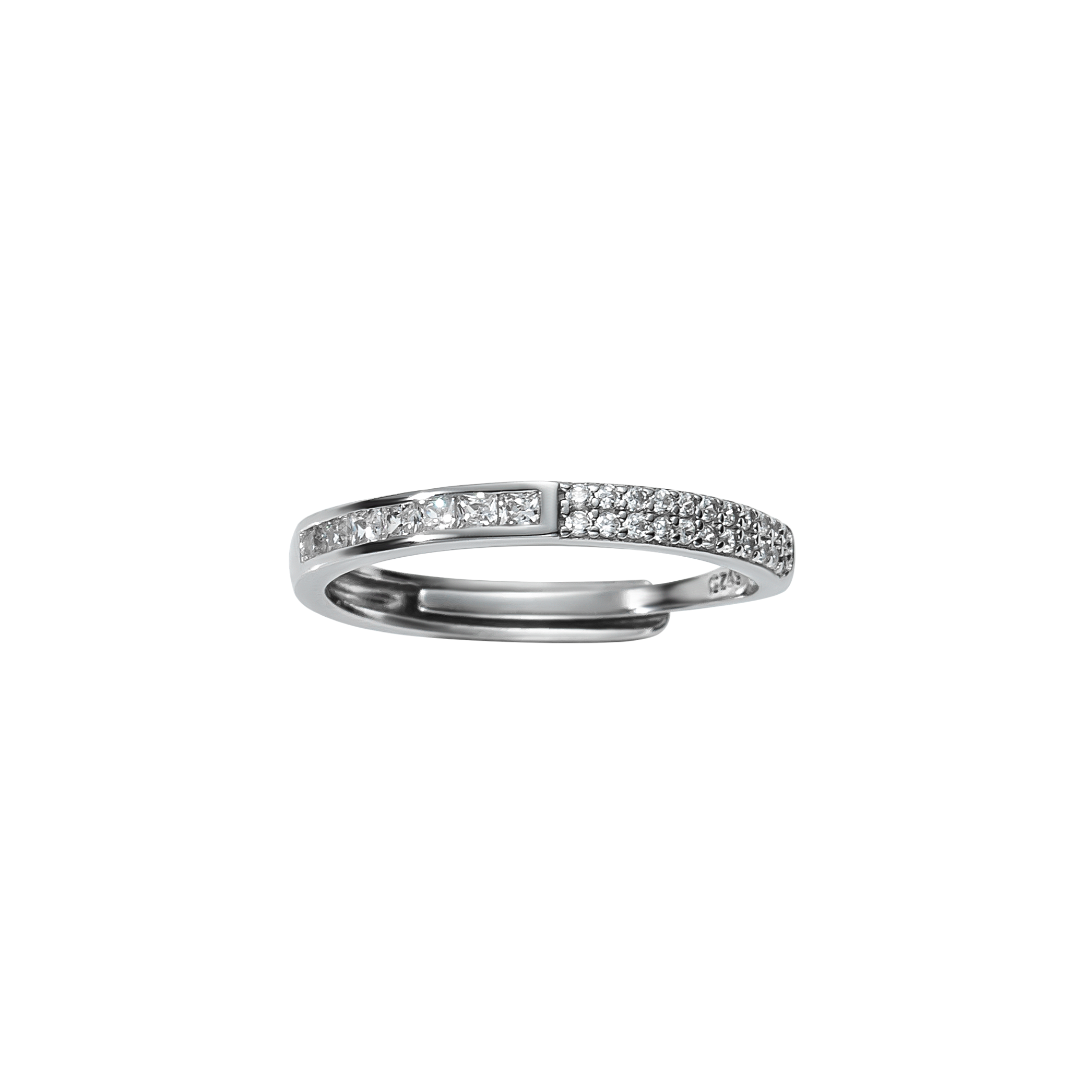 Schmaler verstellbarer Ring aus 925 Sterling Silber mit Zirkonia in Pavé- und Kanalfassung; minimalistischer, eleganter Look.