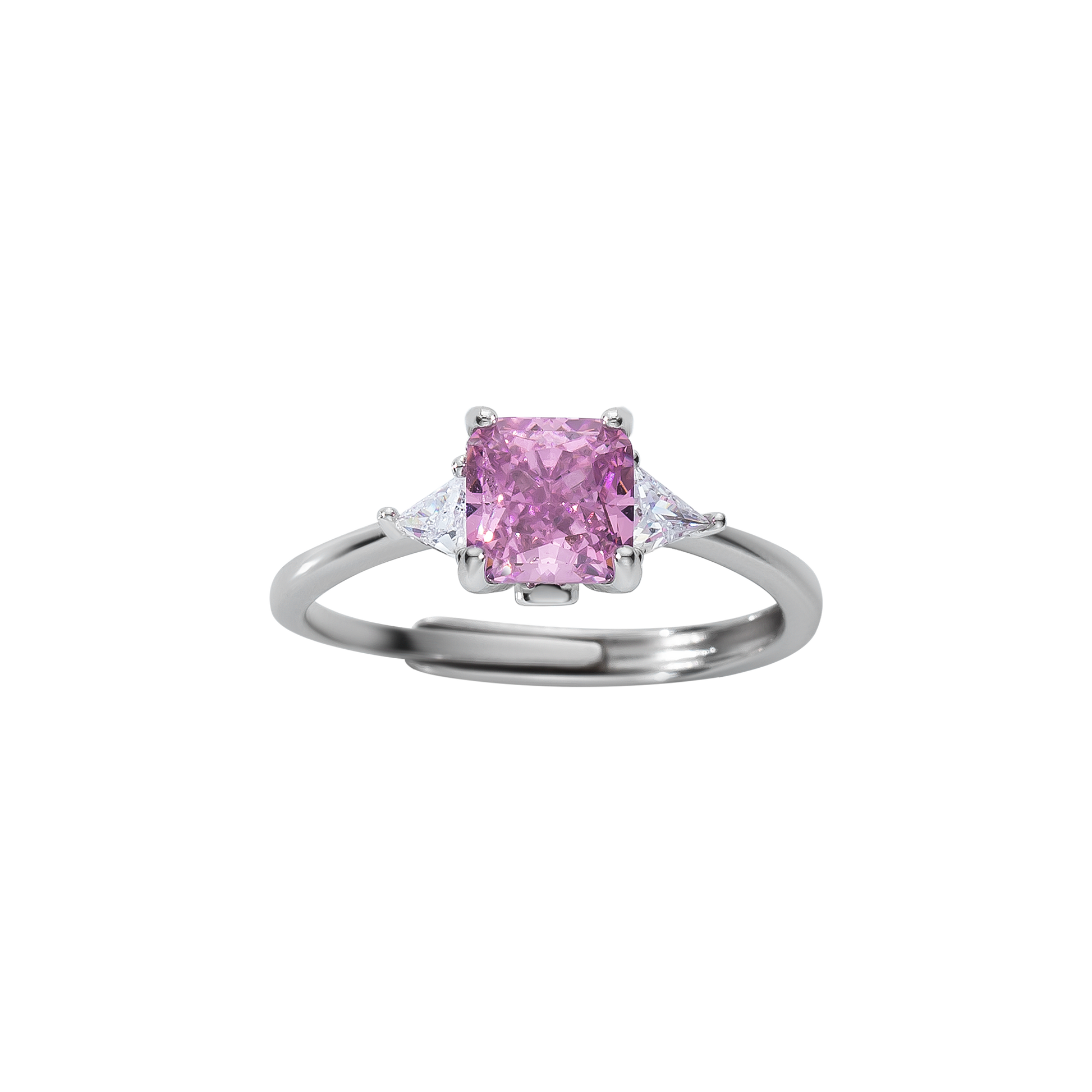 Verstellbarer Ring aus 925 Sterling Silber mit roséfarbenem Zirkonia und klaren Seitensteinen; elegantes, feminines Design.