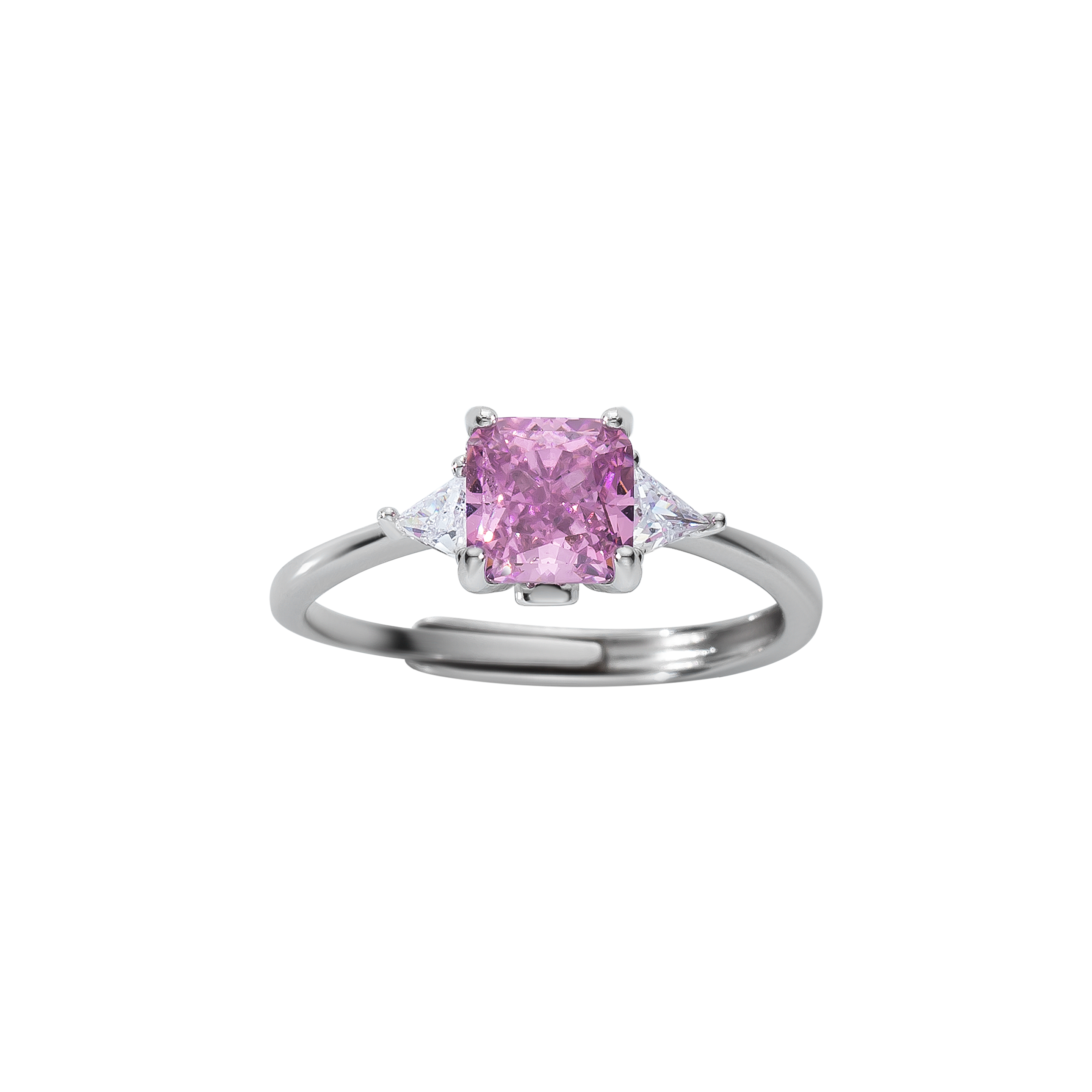 Verstellbarer Ring aus 925 Sterling Silber mit roséfarbenem Zirkonia und klaren Seitensteinen; elegantes, feminines Design.