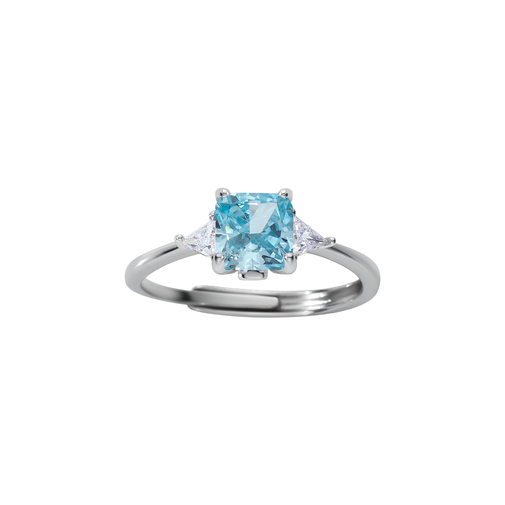 Verstellbarer Ring aus 925 Sterling Silber mit aquablauem Zirkonia im Cushion-Schliff und klaren Seitensteinen, elegantes Design.
